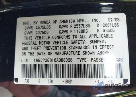 2008 Honda Accord 3.5 Ex-L from USA, damaged, VIN 1HGCP36818A086028
